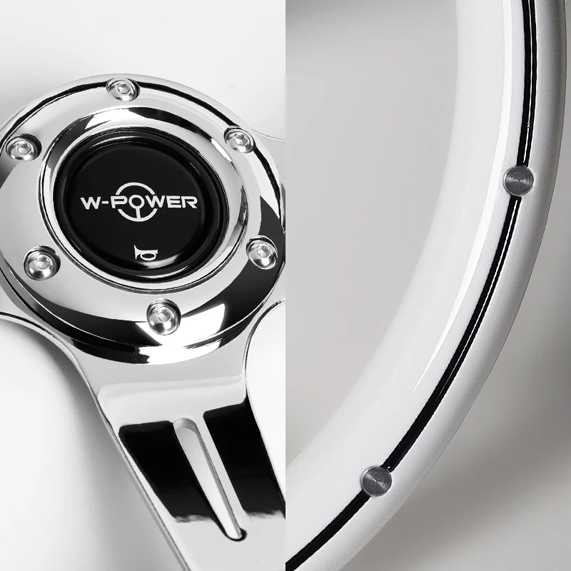 W-Power 14" 355mm 6-Bolt Hole Classic Style Galaxy White Wood Grain Grip With Aluminum Finished 3-Spoke 2.5 Inches Deep Dish Steering Wheel -Chrome Center Spoke - Image 3