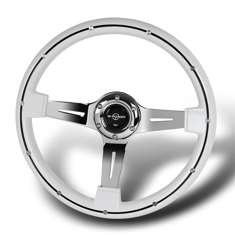 W-Power 14" 355mm 6-Bolt Hole Classic Style Galaxy White Wood Grain Grip With Aluminum Finished 3-Spoke 2.5 Inches Deep Dish Steering Wheel -Chrome Center Spoke - Image 4