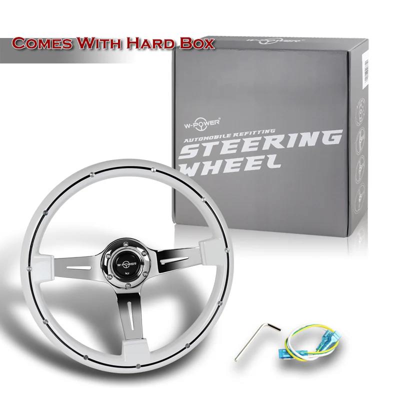 W-Power 14" 355mm 6-Bolt Hole Classic Style Galaxy White Wood Grain Grip With Aluminum Finished 3-Spoke 2.5 Inches Deep Dish Steering Wheel -Chrome Center Spoke - Image 6
