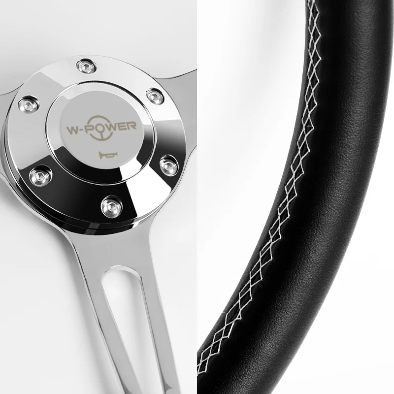 W-Power 15" 380mm 6-Bolt Hole JDM Euro VIP Style Classic Trim Grip With Aluminum Finished 3-Spoke 3 Inch Deep Dish Steering Wheel -Black Leather Grip With White Stitch/Chrome Center Spoke - Image 3