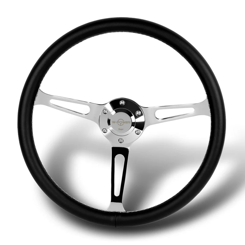W-Power 15" 380mm 6-Bolt Hole JDM Euro VIP Style Classic Trim Grip With Aluminum Finished 3-Spoke 3 Inch Deep Dish Steering Wheel -Black Leather Grip With White Stitch/Chrome Center Spoke - Image 4