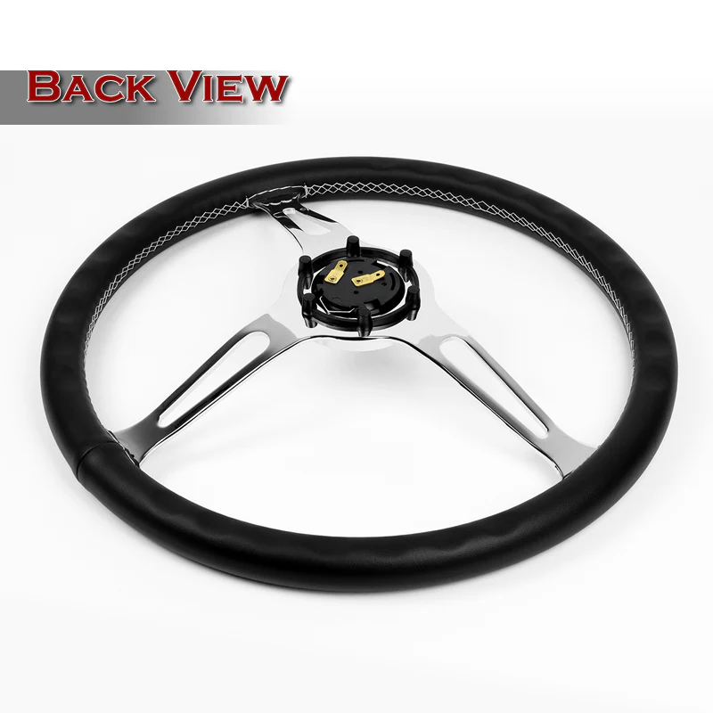 W-Power 15" 380mm 6-Bolt Hole JDM Euro VIP Style Classic Trim Grip With Aluminum Finished 3-Spoke 3 Inch Deep Dish Steering Wheel -Black Leather Grip With White Stitch/Chrome Center Spoke - Image 5