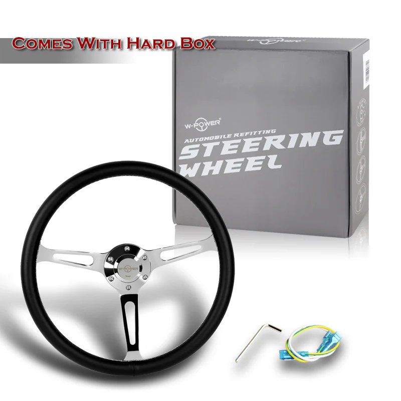 W-Power 15" 380mm 6-Bolt Hole JDM Euro VIP Style Classic Trim Grip With Aluminum Finished 3-Spoke 3 Inch Deep Dish Steering Wheel -Black Leather Grip With White Stitch/Chrome Center Spoke - Image 6