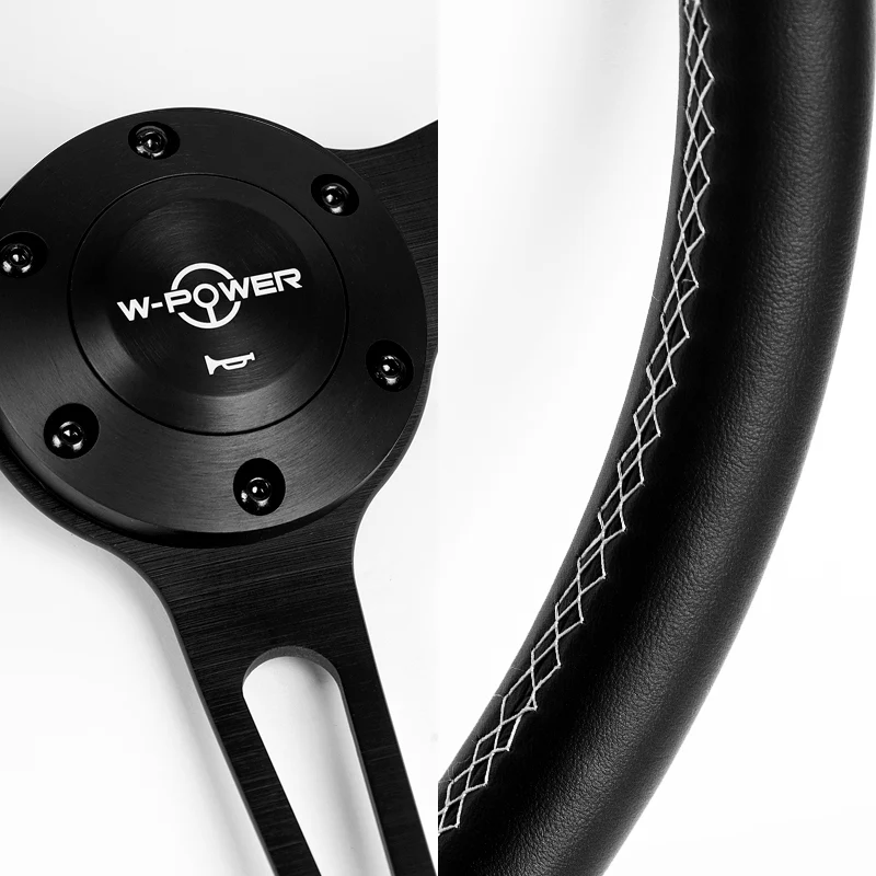 W-Power 15" 380mm 6-Bolt Hole JDM Euro VIP Style Classic Trim Grip With Aluminum Finished 3-Spoke 3 Inch Deep Dish Steering Wheel -Black Leather Grip With White Stitch/Matte Center Spoke - Image 3
