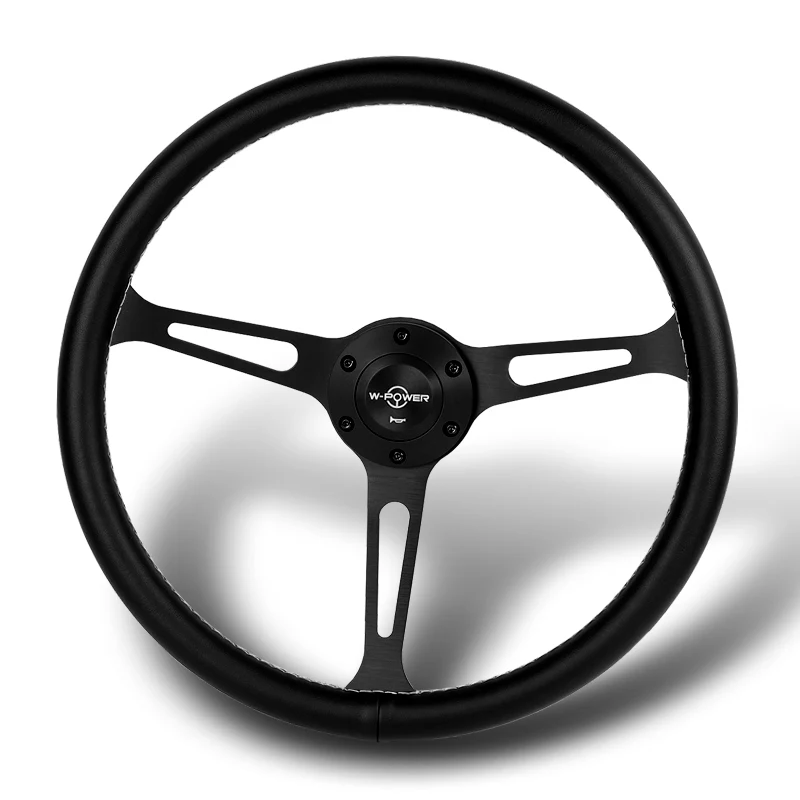 W-Power 15" 380mm 6-Bolt Hole JDM Euro VIP Style Classic Trim Grip With Aluminum Finished 3-Spoke 3 Inch Deep Dish Steering Wheel -Black Leather Grip With White Stitch/Matte Center Spoke - Image 4