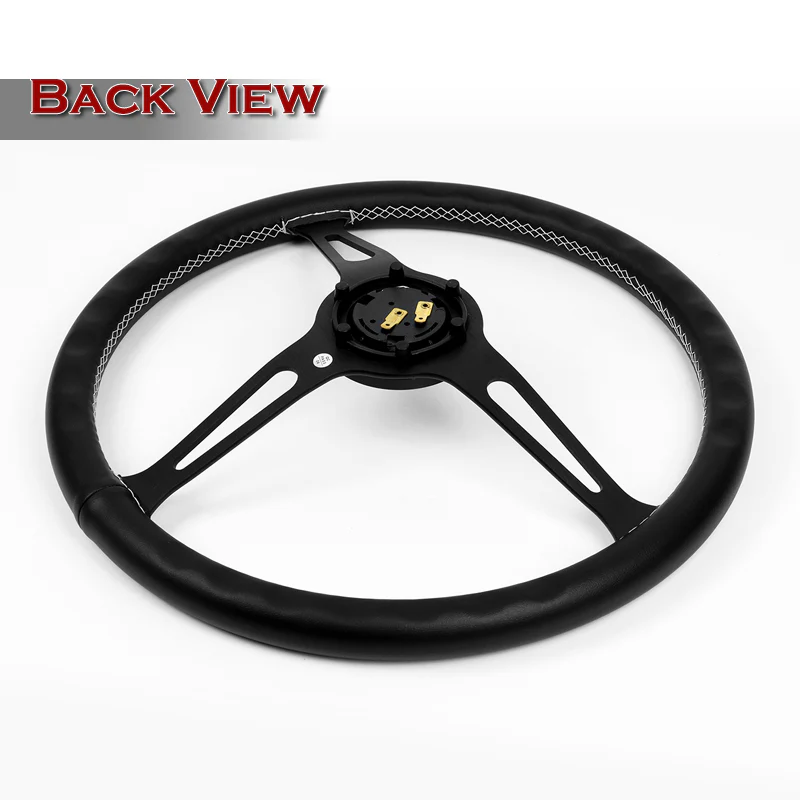 W-Power 15" 380mm 6-Bolt Hole JDM Euro VIP Style Classic Trim Grip With Aluminum Finished 3-Spoke 3 Inch Deep Dish Steering Wheel -Black Leather Grip With White Stitch/Matte Center Spoke - Image 5
