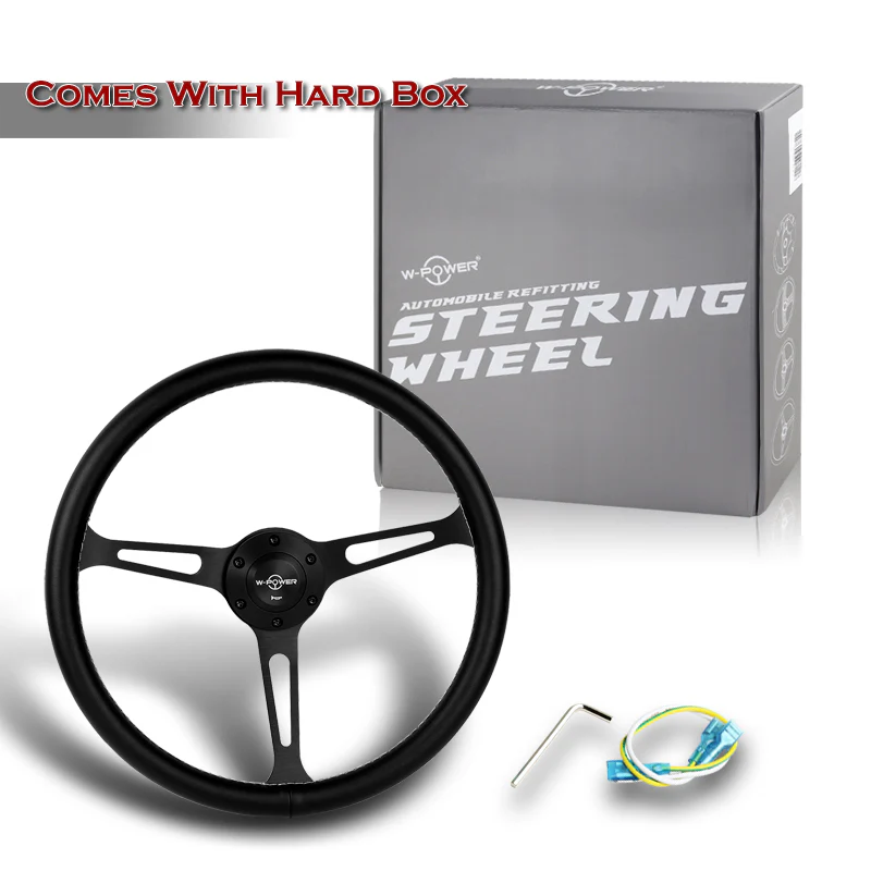 W-Power 15" 380mm 6-Bolt Hole JDM Euro VIP Style Classic Trim Grip With Aluminum Finished 3-Spoke 3 Inch Deep Dish Steering Wheel -Black Leather Grip With White Stitch/Matte Center Spoke - Image 6