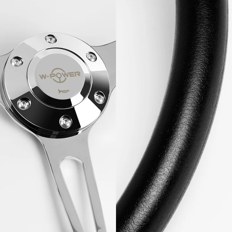 W-Power 15" 380mm 6-Bolt Hole JDM Euro VIP Style Classic Trim Grip With Aluminum Finished 3-Spoke 3 Inch Deep Dish Steering Wheel -Black Vinyl Wrap/Chrome Center Spoke - Image 3