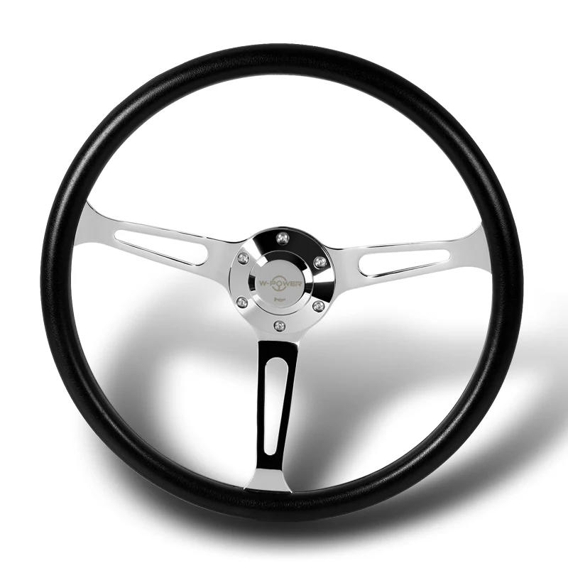 W-Power 15" 380mm 6-Bolt Hole JDM Euro VIP Style Classic Trim Grip With Aluminum Finished 3-Spoke 3 Inch Deep Dish Steering Wheel -Black Vinyl Wrap/Chrome Center Spoke - Image 4