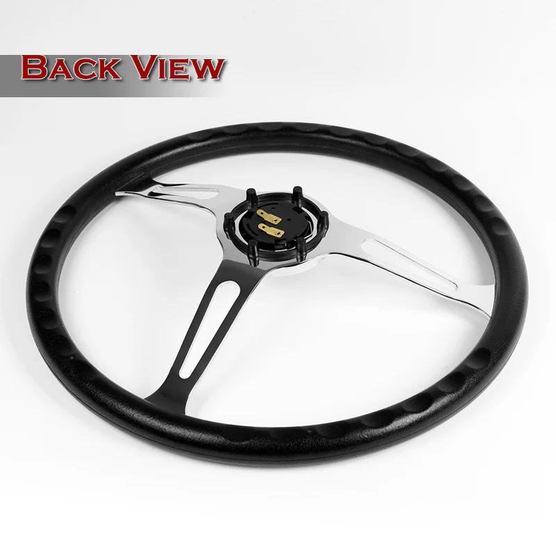 W-Power 15" 380mm 6-Bolt Hole JDM Euro VIP Style Classic Trim Grip With Aluminum Finished 3-Spoke 3 Inch Deep Dish Steering Wheel -Black Vinyl Wrap/Chrome Center Spoke - Image 5