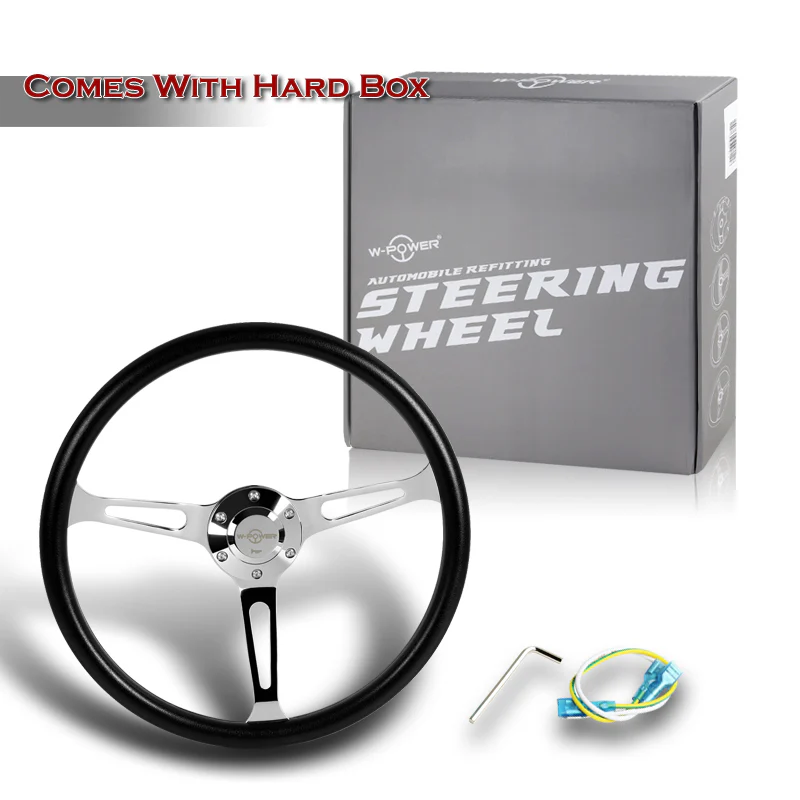 W-Power 15" 380mm 6-Bolt Hole JDM Euro VIP Style Classic Trim Grip With Aluminum Finished 3-Spoke 3 Inch Deep Dish Steering Wheel -Black Vinyl Wrap/Chrome Center Spoke - Image 6