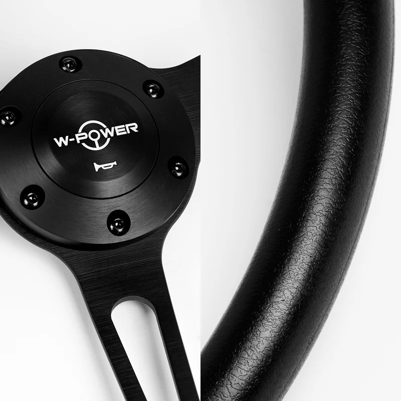 W-Power 15" 380mm 6-Bolt Hole JDM Euro VIP Style Classic Trim Grip With Aluminum Finished 3-Spoke 3 Inch Deep Dish Steering Wheel -Black Vinyl Wrap/Matte Black Center Spoke - Image 3
