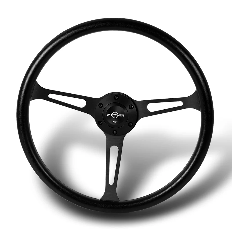 W-Power 15" 380mm 6-Bolt Hole JDM Euro VIP Style Classic Trim Grip With Aluminum Finished 3-Spoke 3 Inch Deep Dish Steering Wheel -Black Vinyl Wrap/Matte Black Center Spoke - Image 5