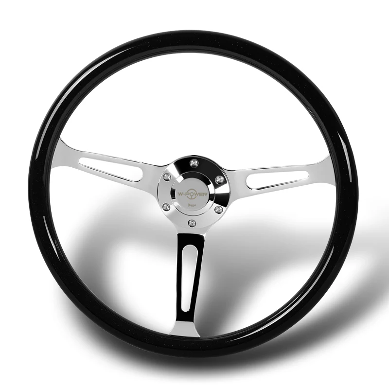 W-Power 15" 380mm 6-Bolt Hole JDM Euro VIP Style Classic Trim Grip With Aluminum Finished 3-Spoke 3 Inch Deep Dish Steering Wheel -Black Wood Grain Grip/Chrome Center Spoke - Image 3