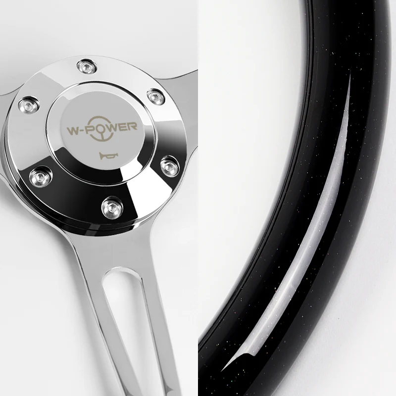 W-Power 15" 380mm 6-Bolt Hole JDM Euro VIP Style Classic Trim Grip With Aluminum Finished 3-Spoke 3 Inch Deep Dish Steering Wheel -Black Wood Grain Grip/Chrome Center Spoke - Image 4