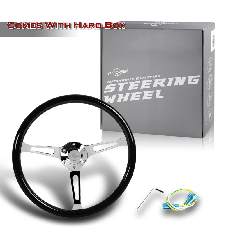 W-Power 15" 380mm 6-Bolt Hole JDM Euro VIP Style Classic Trim Grip With Aluminum Finished 3-Spoke 3 Inch Deep Dish Steering Wheel -Black Wood Grain Grip/Chrome Center Spoke - Image 6