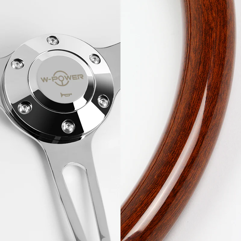 W-Power 15" 380mm 6-Bolt Hole JDM Euro VIP Style Classic Trim Grip With Aluminum Finished 3-Spoke 3 Inch Deep Dish Steering Wheel -Brown Wood Grain/Chrome Center Spoke - Image 3