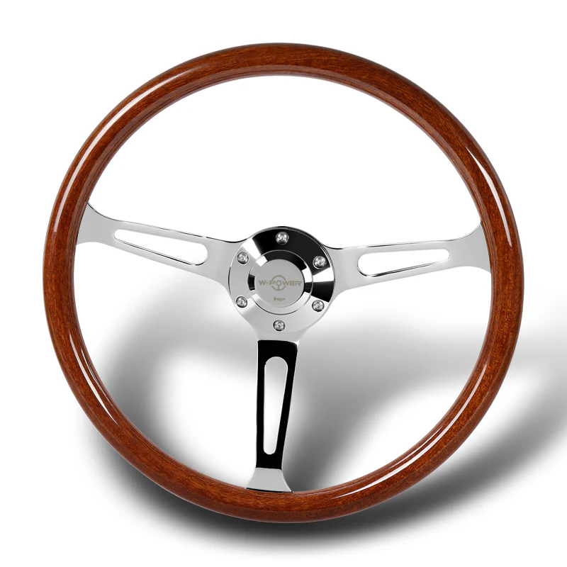 W-Power 15" 380mm 6-Bolt Hole JDM Euro VIP Style Classic Trim Grip With Aluminum Finished 3-Spoke 3 Inch Deep Dish Steering Wheel -Brown Wood Grain/Chrome Center Spoke - Image 4