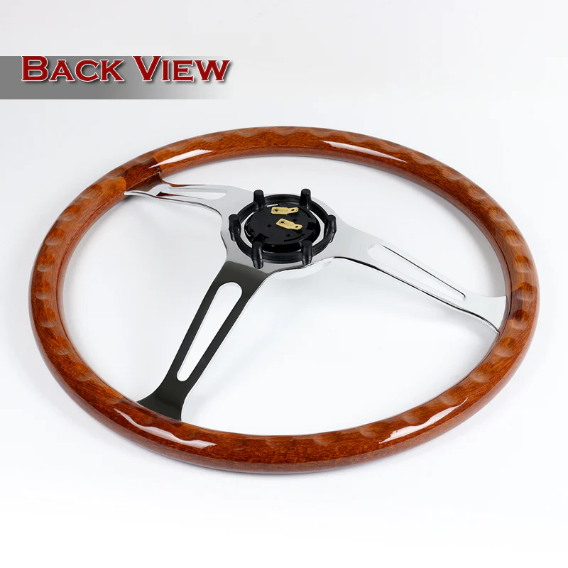 W-Power 15" 380mm 6-Bolt Hole JDM Euro VIP Style Classic Trim Grip With Aluminum Finished 3-Spoke 3 Inch Deep Dish Steering Wheel -Brown Wood Grain/Chrome Center Spoke - Image 5