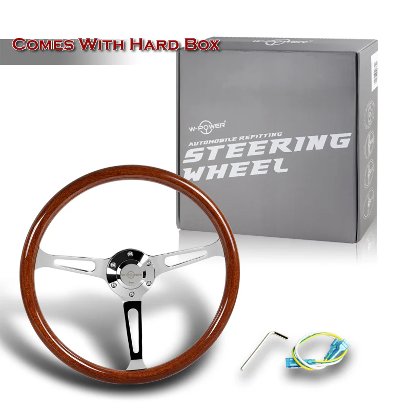 W-Power 15" 380mm 6-Bolt Hole JDM Euro VIP Style Classic Trim Grip With Aluminum Finished 3-Spoke 3 Inch Deep Dish Steering Wheel -Brown Wood Grain/Chrome Center Spoke - Image 6