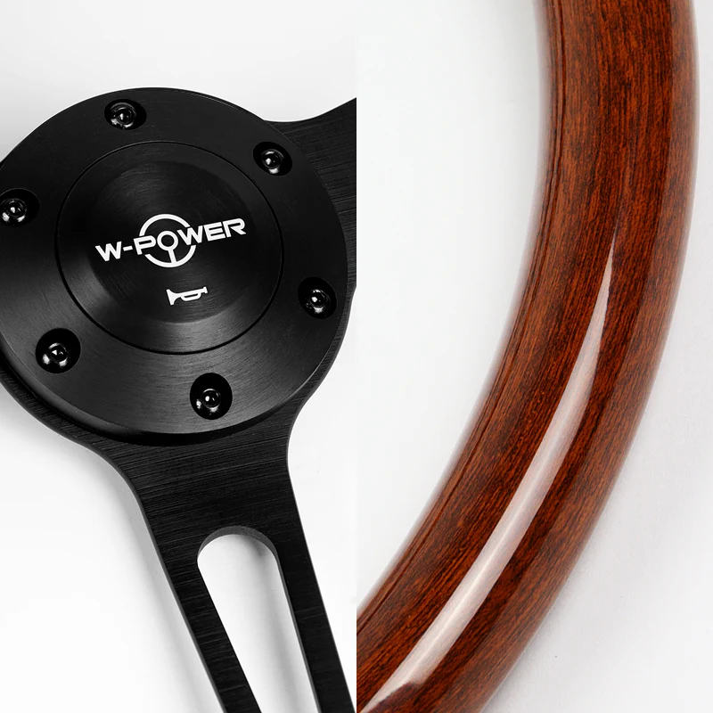 W-Power 15" 380mm 6-Bolt Hole JDM Euro VIP Style Classic Trim Grip With Aluminum Finished 3-Spoke 3 Inch Deep Dish Steering Wheel -Brown Wood Grain/Matte Black Center Spoke - Image 3