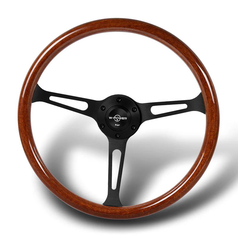 W-Power 15" 380mm 6-Bolt Hole JDM Euro VIP Style Classic Trim Grip With Aluminum Finished 3-Spoke 3 Inch Deep Dish Steering Wheel -Brown Wood Grain/Matte Black Center Spoke - Image 4