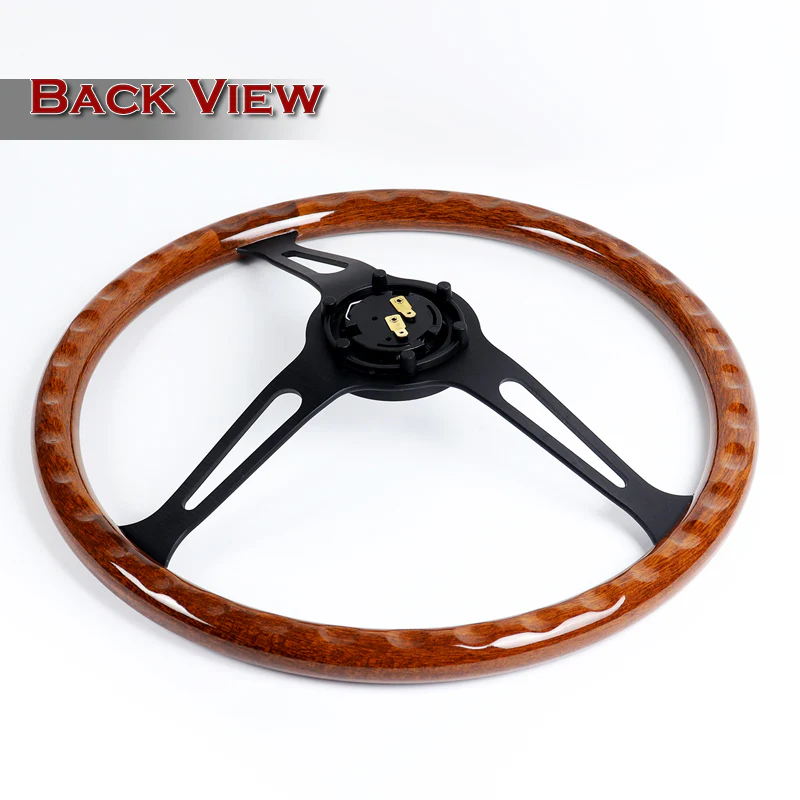 W-Power 15" 380mm 6-Bolt Hole JDM Euro VIP Style Classic Trim Grip With Aluminum Finished 3-Spoke 3 Inch Deep Dish Steering Wheel -Brown Wood Grain/Matte Black Center Spoke - Image 5