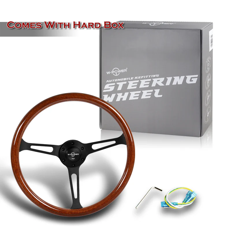 W-Power 15" 380mm 6-Bolt Hole JDM Euro VIP Style Classic Trim Grip With Aluminum Finished 3-Spoke 3 Inch Deep Dish Steering Wheel -Brown Wood Grain/Matte Black Center Spoke - Image 6