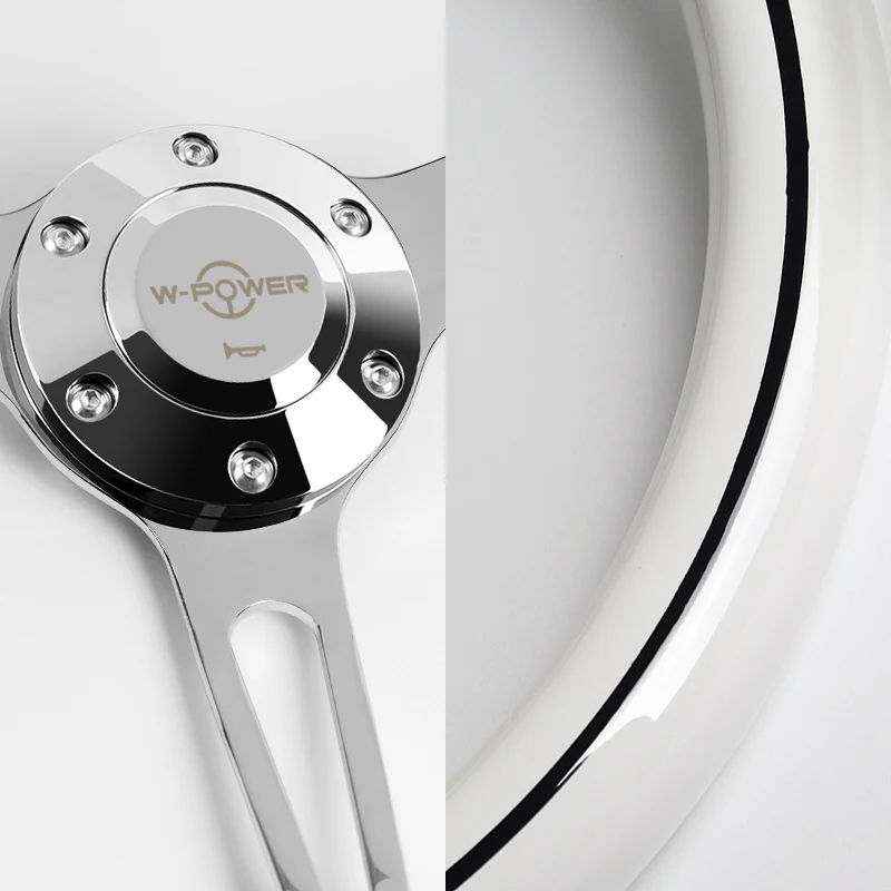 W-Power 15" 380mm 6-Bolt Hole JDM Euro VIP Style Classic Trim Grip With Aluminum Finished 3-Spoke 3 Inch Deep Dish Steering Wheel -White Wood Grain With Black Line/Chrome Center Spoke - Image 3