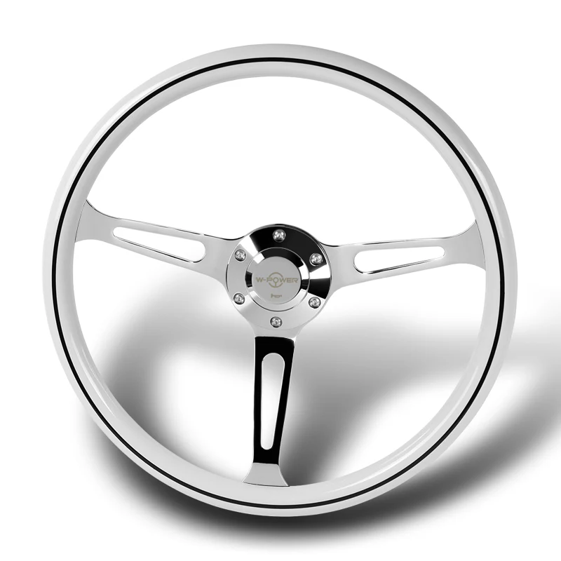 W-Power 15" 380mm 6-Bolt Hole JDM Euro VIP Style Classic Trim Grip With Aluminum Finished 3-Spoke 3 Inch Deep Dish Steering Wheel -White Wood Grain With Black Line/Chrome Center Spoke - Image 4