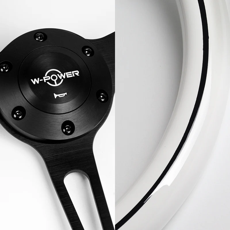 W-Power 15" 380mm 6-Bolt Hole JDM Euro VIP Style Classic Trim Grip With Aluminum Finished 3-Spoke 3 Inch Deep Dish Steering Wheel -White Wood Grain With Black Line/Matte Black Center Spoke - Image 3