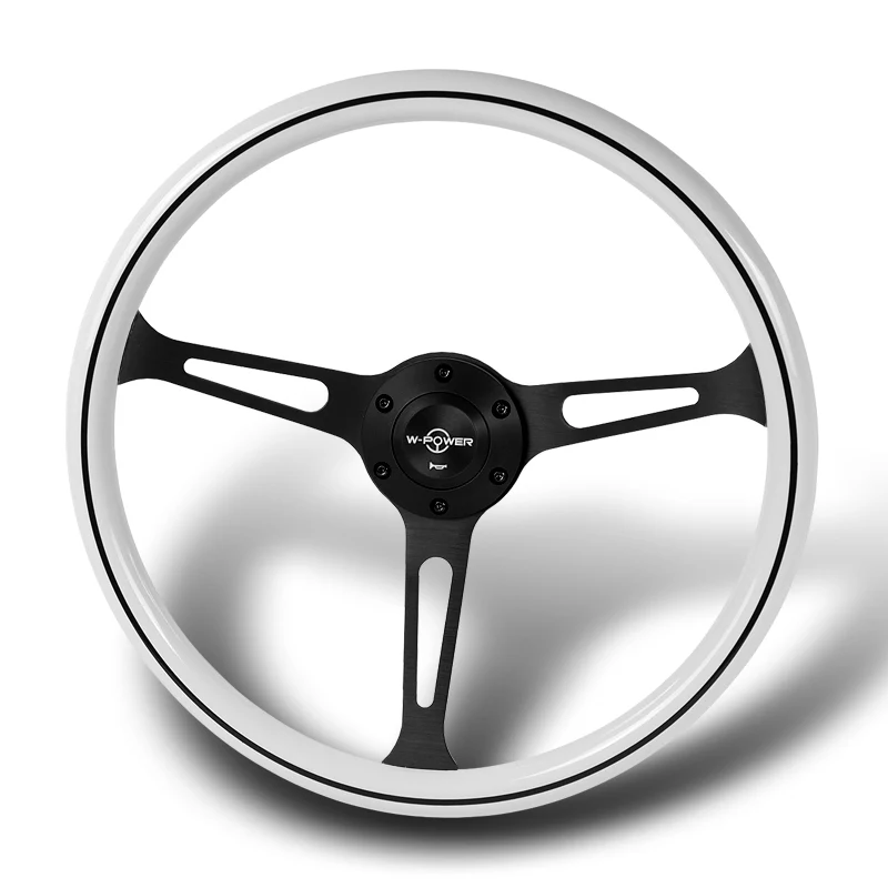 W-Power 15" 380mm 6-Bolt Hole JDM Euro VIP Style Classic Trim Grip With Aluminum Finished 3-Spoke 3 Inch Deep Dish Steering Wheel -White Wood Grain With Black Line/Matte Black Center Spoke - Image 4