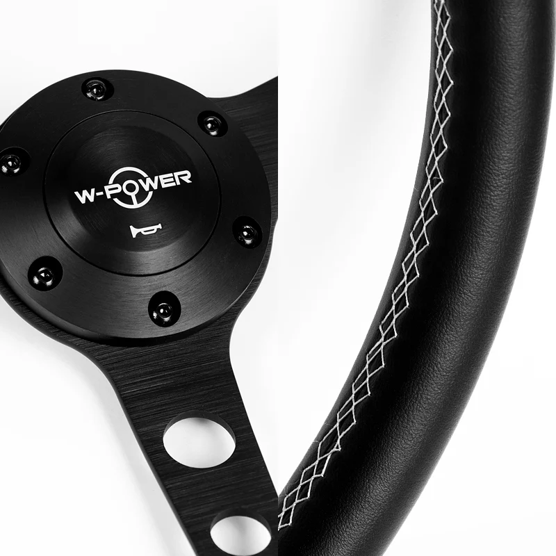 W-Power 15" 380mm 6-Bolt Hole JDM Euro VIP Style Classic Trim Grip With Aluminum Finished 3-Spoke 3 Inches Deep Dish Steering Wheel -Black Leather Grip With White Stitch/Matte Center Spoke - Image 3