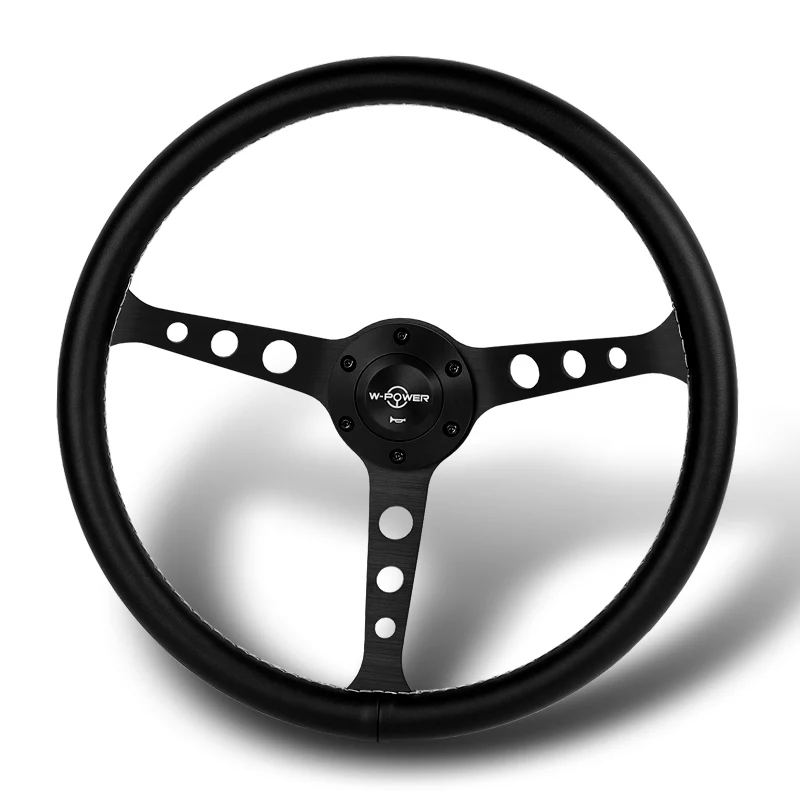 W-Power 15" 380mm 6-Bolt Hole JDM Euro VIP Style Classic Trim Grip With Aluminum Finished 3-Spoke 3 Inches Deep Dish Steering Wheel -Black Leather Grip With White Stitch/Matte Center Spoke - Image 4