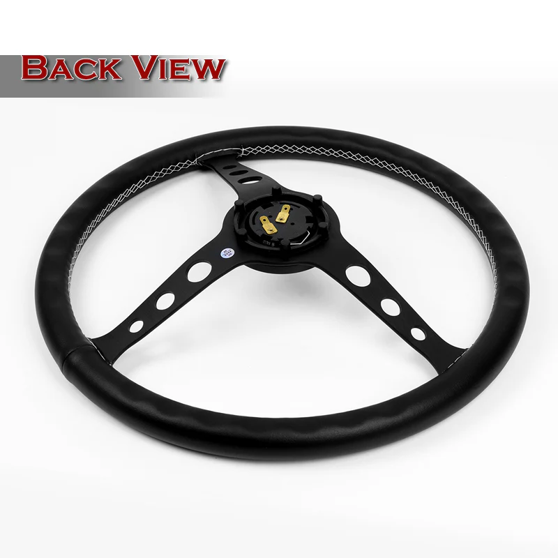 W-Power 15" 380mm 6-Bolt Hole JDM Euro VIP Style Classic Trim Grip With Aluminum Finished 3-Spoke 3 Inches Deep Dish Steering Wheel -Black Leather Grip With White Stitch/Matte Center Spoke - Image 5