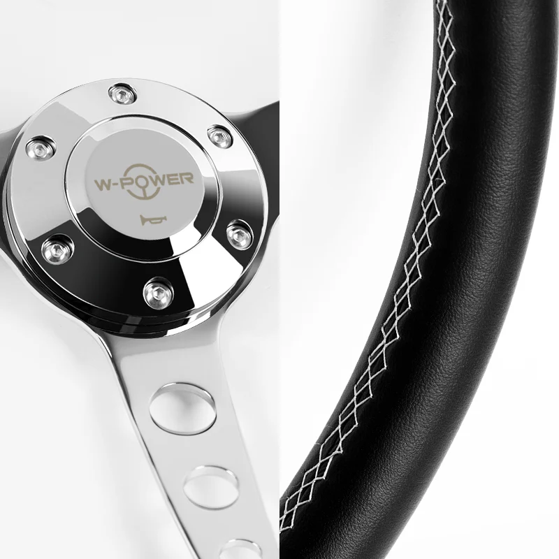W-Power 15" 380mm 6-Bolt Hole JDM Euro VIP Style Classic Trim Grip With Aluminum Finished 3-Spoke 3 Inches Deep Dish Steering Wheel -Black Leather Grip With White Stitch/Chrome Center Spoke - Image 3