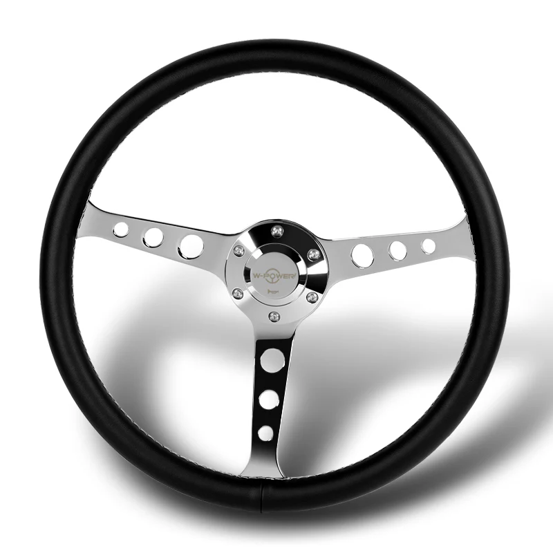 W-Power 15" 380mm 6-Bolt Hole JDM Euro VIP Style Classic Trim Grip With Aluminum Finished 3-Spoke 3 Inches Deep Dish Steering Wheel -Black Leather Grip With White Stitch/Chrome Center Spoke - Image 4