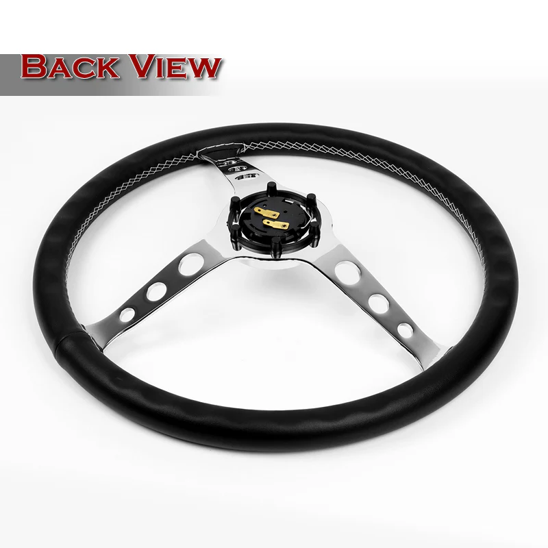 W-Power 15" 380mm 6-Bolt Hole JDM Euro VIP Style Classic Trim Grip With Aluminum Finished 3-Spoke 3 Inches Deep Dish Steering Wheel -Black Leather Grip With White Stitch/Chrome Center Spoke - Image 5