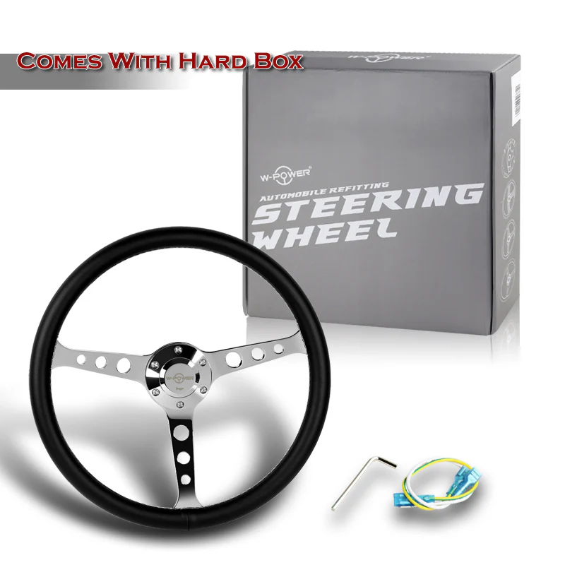 W-Power 15" 380mm 6-Bolt Hole JDM Euro VIP Style Classic Trim Grip With Aluminum Finished 3-Spoke 3 Inches Deep Dish Steering Wheel -Black Leather Grip With White Stitch/Chrome Center Spoke - Image 6