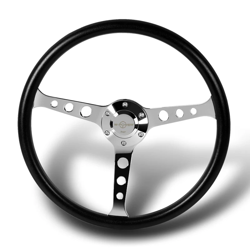 W-Power 15" 380mm 6-Bolt Hole JDM Euro VIP Style Classic Trim Grip With Aluminum Finished 3-Spoke 3 Inches Deep Dish Steering Wheel -Black Vinyl Wrap/Chrome Center Spoke - Image 4