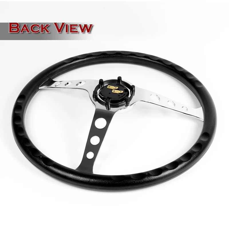 W-Power 15" 380mm 6-Bolt Hole JDM Euro VIP Style Classic Trim Grip With Aluminum Finished 3-Spoke 3 Inches Deep Dish Steering Wheel -Black Vinyl Wrap/Chrome Center Spoke - Image 5