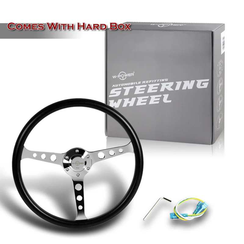 W-Power 15" 380mm 6-Bolt Hole JDM Euro VIP Style Classic Trim Grip With Aluminum Finished 3-Spoke 3 Inches Deep Dish Steering Wheel -Black Vinyl Wrap/Chrome Center Spoke - Image 6