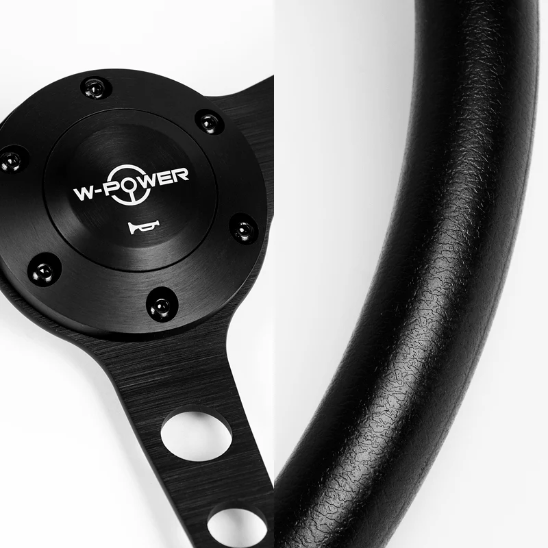 W-Power 15" 380mm 6-Bolt Hole JDM Euro VIP Style Classic Trim Grip With Aluminum Finished 3-Spoke 3 Inches Deep Dish Steering Wheel -Black Vinyl Wrap/Matte Black Center Spoke - Image 3
