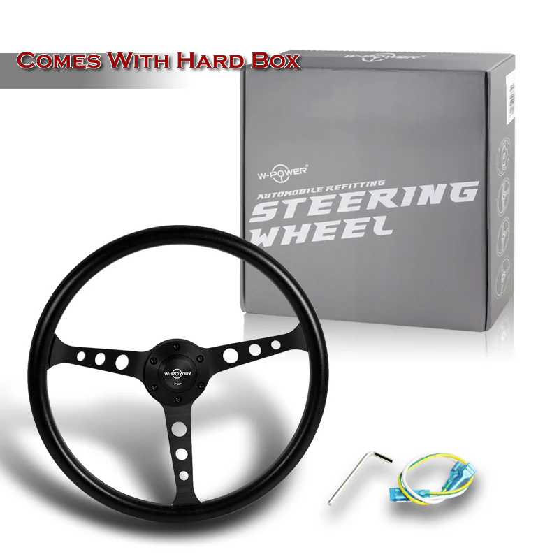 W-Power 15" 380mm 6-Bolt Hole JDM Euro VIP Style Classic Trim Grip With Aluminum Finished 3-Spoke 3 Inches Deep Dish Steering Wheel -Black Vinyl Wrap/Matte Black Center Spoke - Image 6
