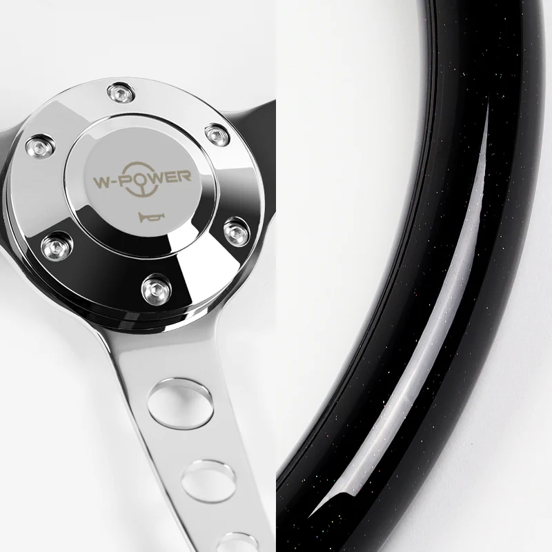 W-Power 15" 380mm 6-Bolt Hole JDM Euro VIP Style Classic Trim Grip With Aluminum Finished 3-Spoke 3 Inches Deep Dish Steering Wheel -Black Wood Grain Grip/Chrome Center Spoke - Image 3