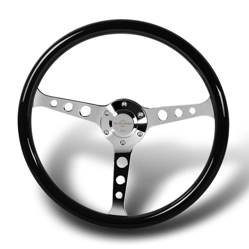W-Power 15" 380mm 6-Bolt Hole JDM Euro VIP Style Classic Trim Grip With Aluminum Finished 3-Spoke 3 Inches Deep Dish Steering Wheel -Black Wood Grain Grip/Chrome Center Spoke - Image 4