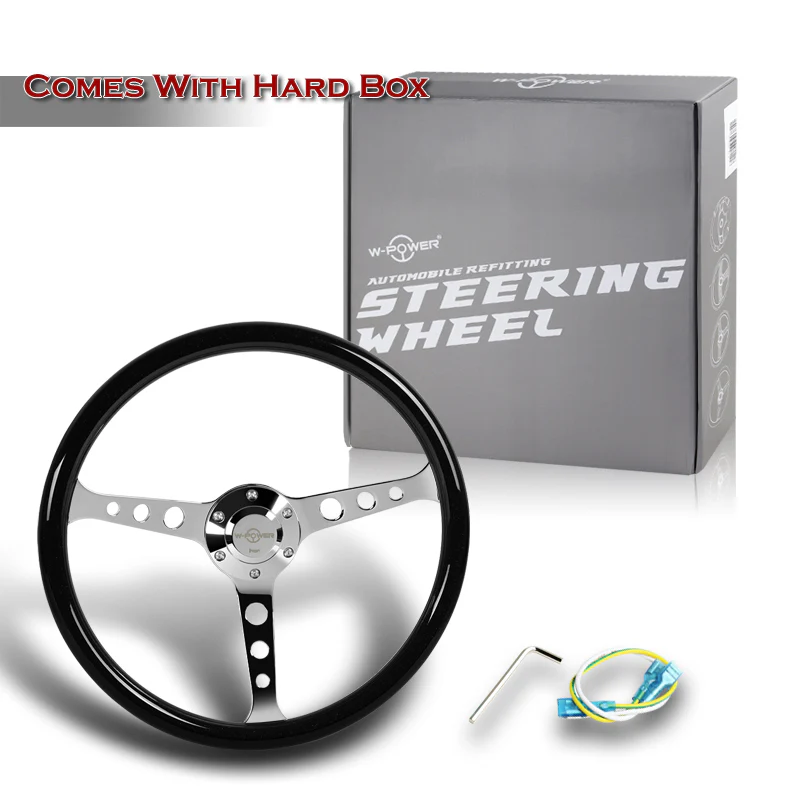 W-Power 15" 380mm 6-Bolt Hole JDM Euro VIP Style Classic Trim Grip With Aluminum Finished 3-Spoke 3 Inches Deep Dish Steering Wheel -Black Wood Grain Grip/Chrome Center Spoke - Image 6