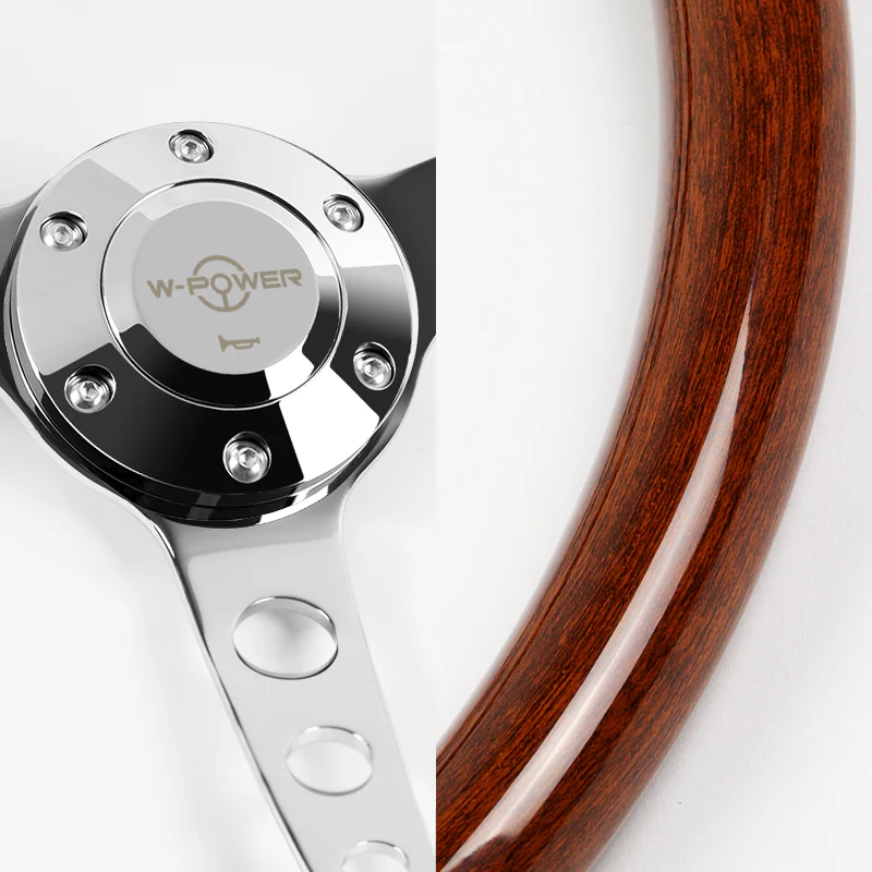 W-Power 15" 380mm 6-Bolt Hole JDM Euro VIP Style Classic Trim Grip With Aluminum Finished 3-Spoke 3 Inches Deep Dish Steering Wheel -Brown Wood Grain/Chrome Center Spoke - Image 3
