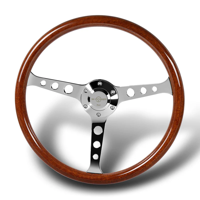 W-Power 15" 380mm 6-Bolt Hole JDM Euro VIP Style Classic Trim Grip With Aluminum Finished 3-Spoke 3 Inches Deep Dish Steering Wheel -Brown Wood Grain/Chrome Center Spoke - Image 4