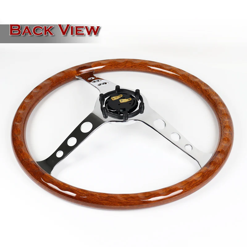 W-Power 15" 380mm 6-Bolt Hole JDM Euro VIP Style Classic Trim Grip With Aluminum Finished 3-Spoke 3 Inches Deep Dish Steering Wheel -Brown Wood Grain/Chrome Center Spoke - Image 5
